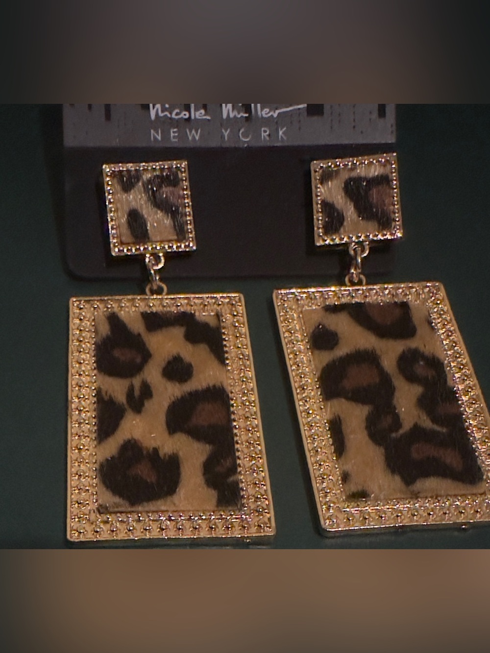 NWT Nicole Miller Leopard Print Gold-Trim Drop Earrings - Brown. 3” L x 1 1/4”W.